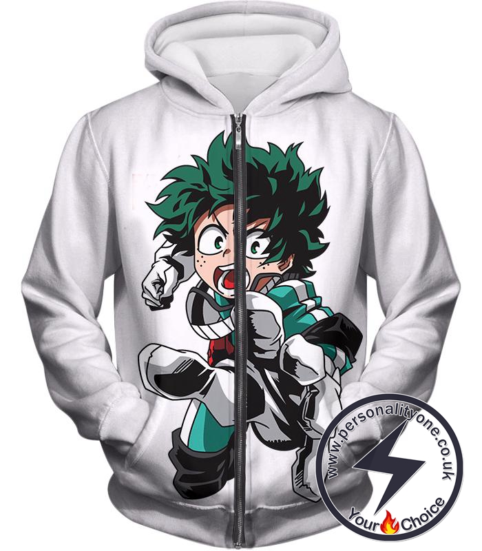 My Hero Academia Izuki Midoriya Action White Zip Up Hoodie